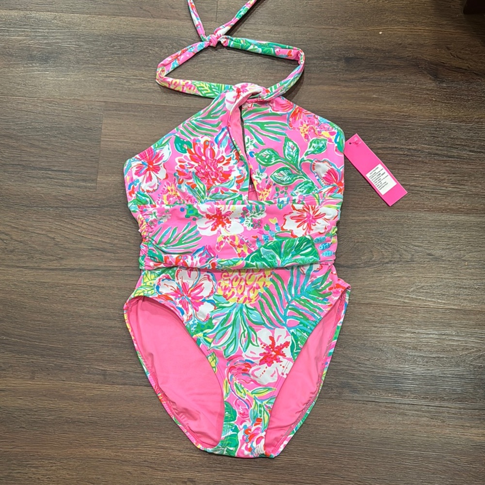 Lilly Pulitzer Pink and Green One Piece Swimwear Tropical Floral